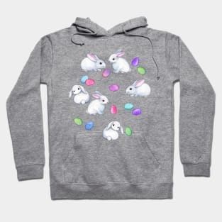 Easter Bunnies with Rainbow Pastel Eggs on white Hoodie